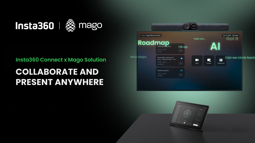 An image showcasing Insta360's latest partnership with Mago. "Collaborate and present anywhere."